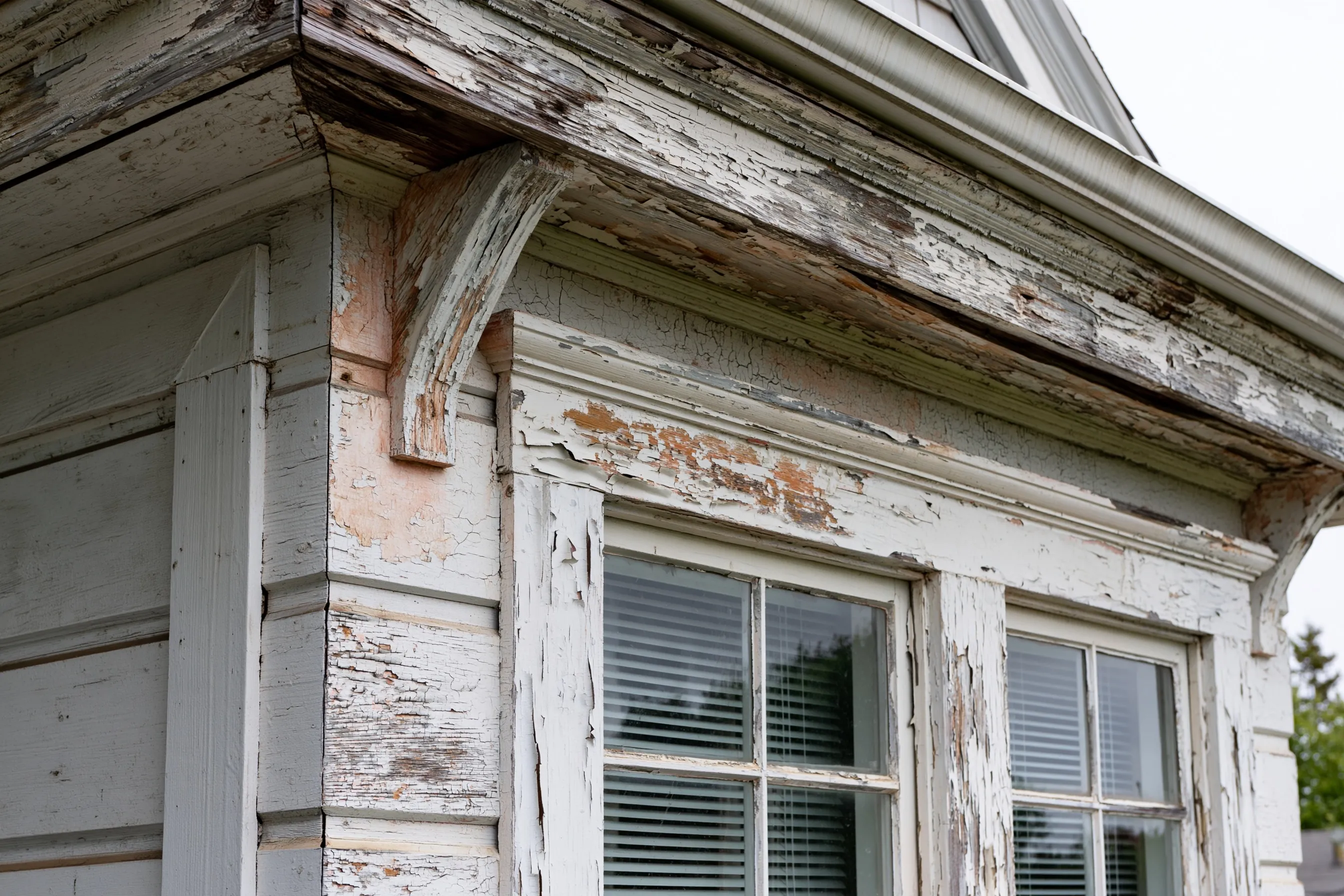 Close-up of an eave, fascia and window trim on an older wood-sided house with layers of white paint peeling and cracking