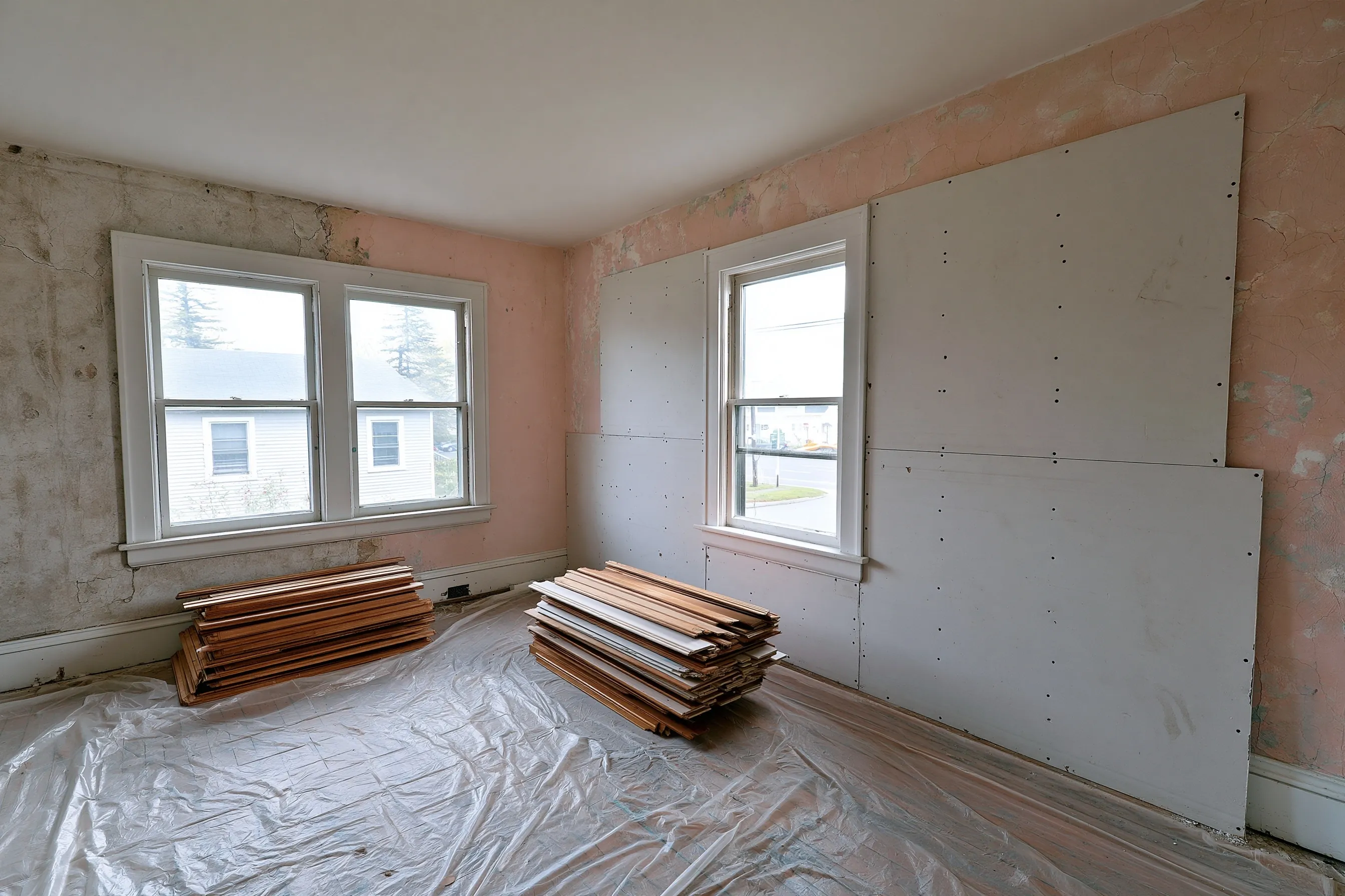Room with new drywall screwed over old cracked painted plaster on one wall, the other wall still bare plaster, removed trim stacked on plastic