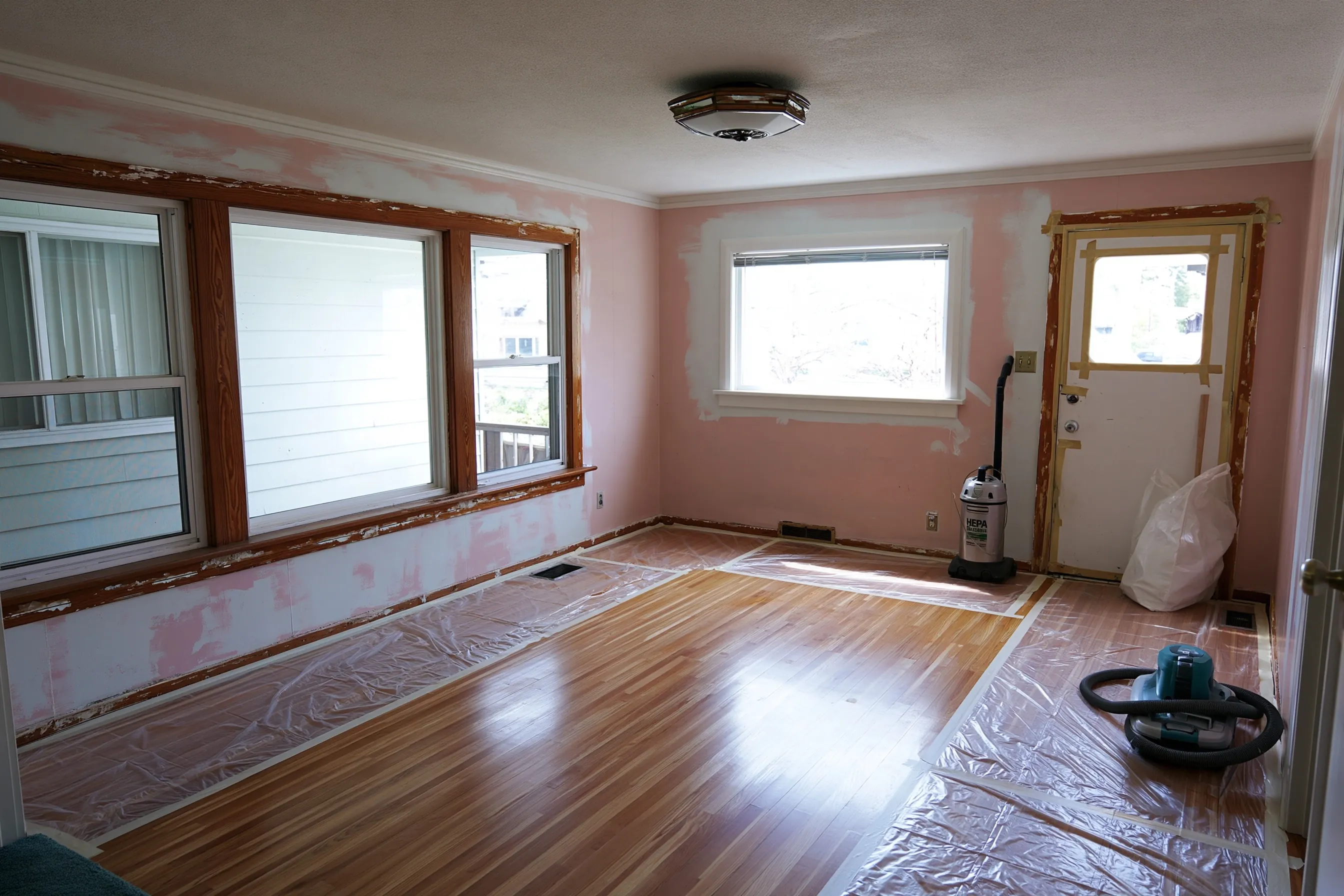 Empty room in a small unit, plastic runs under the windows, scraped and spot-primed sills and trim, patched walls, a taped back door, vacuums and a bagged waste sack
