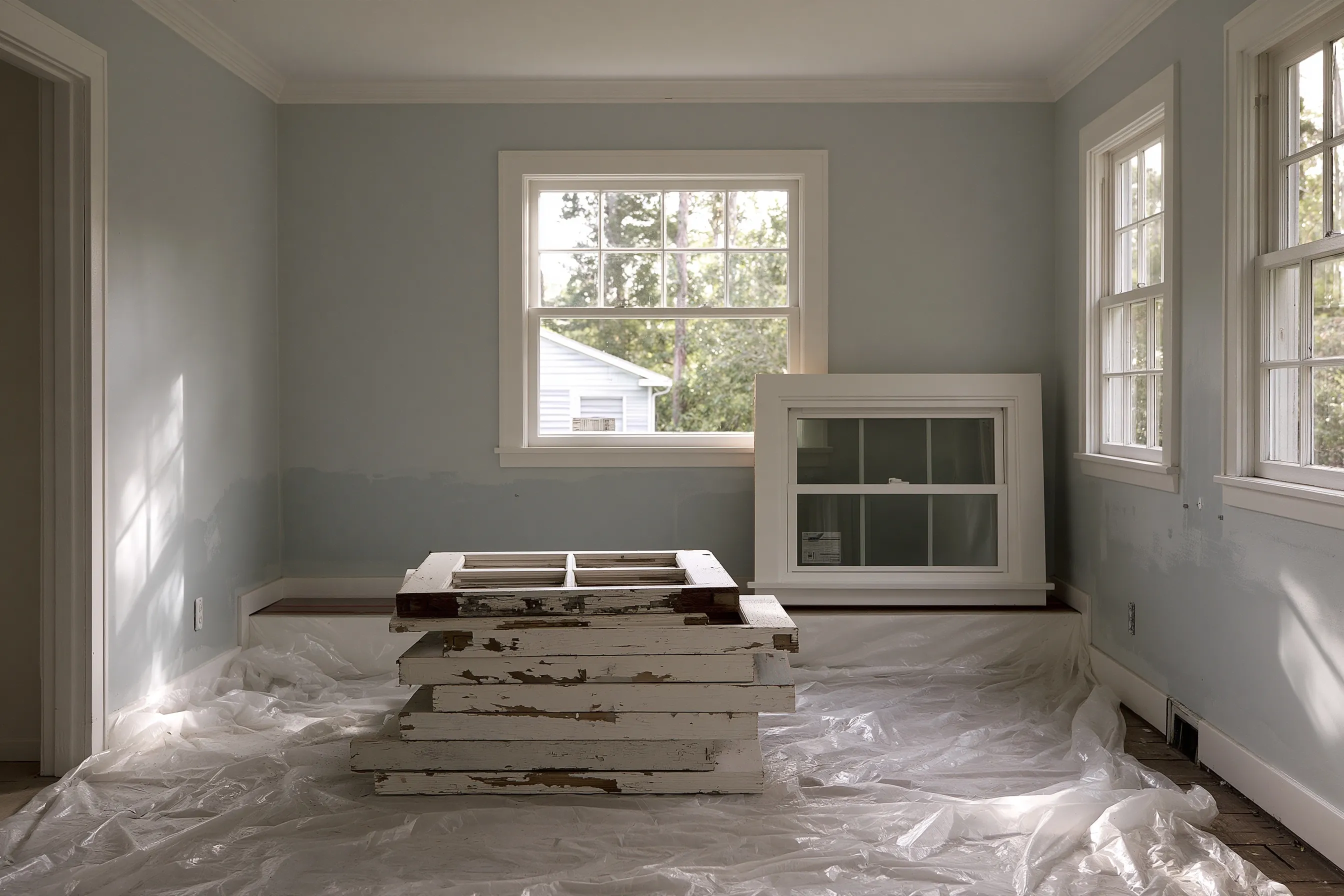 Old paint-chipped wood sashes stacked on plastic sheeting and a new double-hung unit leaning ready below a window